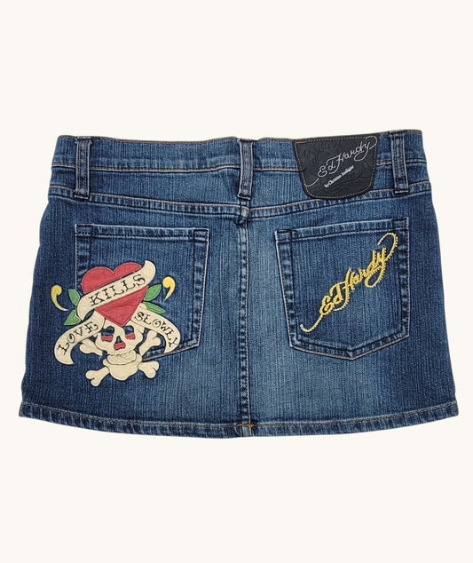 Mini Falda Denim Ed Hardy con Apliques y bordado
