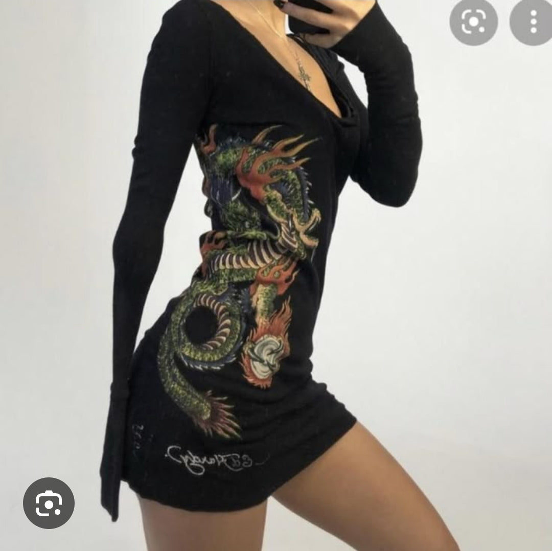 Vestido T-shirt Y2K Ed Hardy Dragon